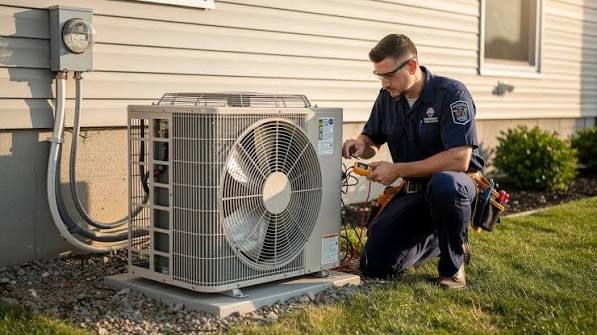 Residential HVAC technician checking an outdoor replacement unit