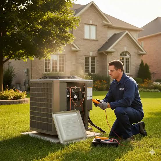 HVAC technician servicing a residential outdoor cooling unit
